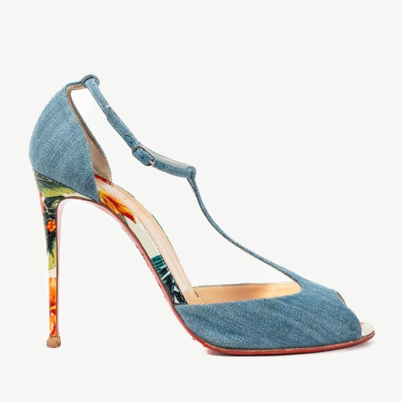 Christian Louboutin Senora 100 Blue & White Jeans / Calf Hawaii T-Strap Sandals - Picture 1 of 12